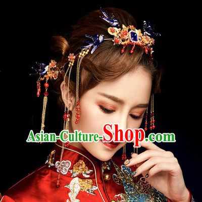Chinese Handmade Classical Hair Accessories Wedding Phoenix Coronet Hairpins Complete Set