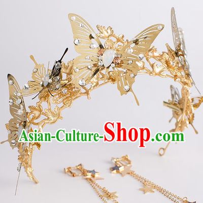 Handmade Classical Hair Accessories Baroque Bride Golden Butterfly Royal Crown Headwear for Women