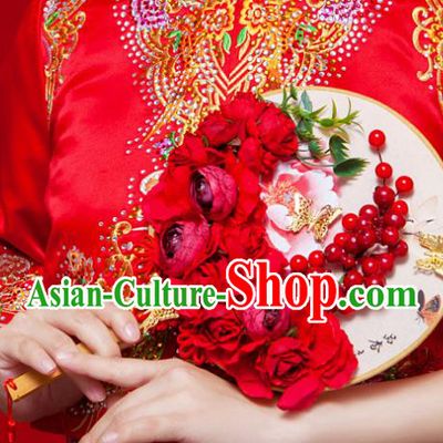 Chinese Handmade Classical Red Peony Palace Fans Ancient Wedding Round Fans for Women