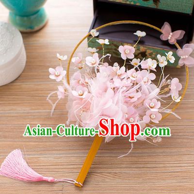 Chinese Handmade Classical Pink Flowers Palace Fans Ancient Wedding Round Fans for Women
