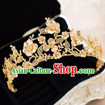 Handmade Classical Hair Accessories Baroque Bride Golden Flowers Royal Crown Headwear for Women
