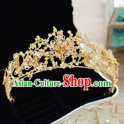Handmade Classical Hair Accessories Baroque Bride Golden Flowers Royal Crown Headwear for Women