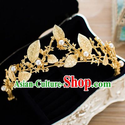 Handmade Classical Hair Accessories Baroque Bride Golden Leaf Pearls Royal Crown Headwear for Women
