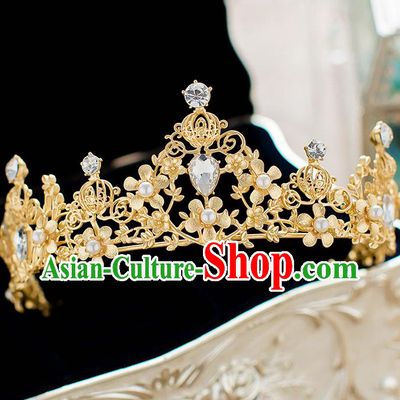 Handmade Classical Hair Accessories Baroque Bride Golden Crystal Royal Crown Headwear for Women