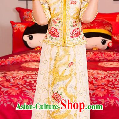 Traditional Ancient Chinese Wedding Costume, China Style Xiuhe Suits Bride Toast Golden Embroidered Clothing for Women