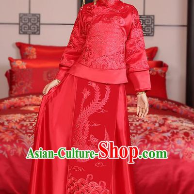Traditional Ancient Chinese Wedding Costume, China Style Xiuhe Suits Bride Embroidered Paillette Phoenix Clothing for Women