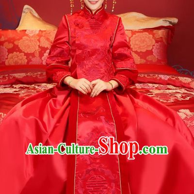 Traditional Chinese Wedding Costume Ancient Bride Red Clothing Embroidered Xiuhe Suits for Women