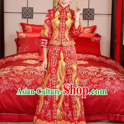 Traditional Chinese Wedding Costume Xiuhe Suit Ancient Bride Embroidered Phoenix Cheongsam for Women