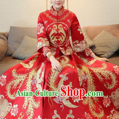 Traditional Chinese Wedding Costume Xiuhe Suit Ancient Bride Embroidered Clothing Phoenix Cheongsam for Women