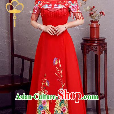 Top Grade Modern Dance Costume Bride Toast Cheongsam Embroidered Xiuhe Suit Dress for Women