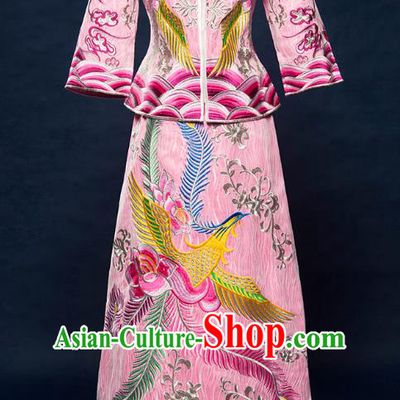 Traditional Ancient Chinese Wedding Costume Bride Embroidered Pink Cheongsam Xiuhe Suits for Women
