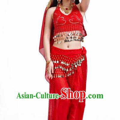 Traditional Indian Belly Dance Sequined Red Dress Asian India Oriental Dance Costume for Women