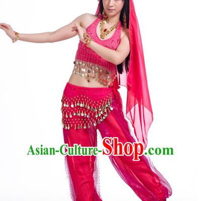 Traditional Indian Belly Dance Sequined Rosy Dress Asian India Oriental Dance Costume for Women