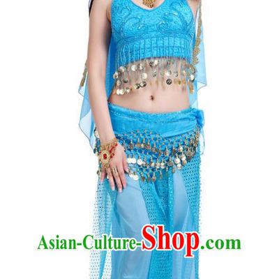 Traditional Indian Belly Dance Sequined Blue Dress Asian India Oriental Dance Costume for Women