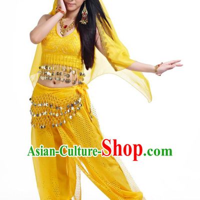 Traditional Indian Belly Dance Sequined Yellow Dress Asian India Oriental Dance Costume for Women