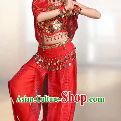 Traditional Indian National Belly Dance Red Clothing India Oriental Dance Costume for Kids