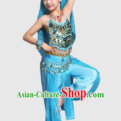Traditional Indian National Belly Dance Blue Clothing India Oriental Dance Costume for Kids