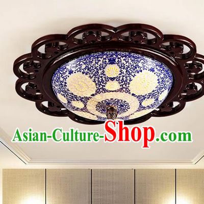 Traditional Chinese Ceiling Palace Lanterns Handmade Pierced Blue Porcelain Lantern Ancient Lamp