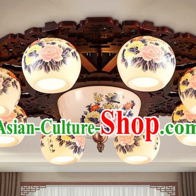 Traditional Chinese Painting Peony Ceiling Palace Lanterns Handmade Eight-Lights Porcelain Lantern Ancient Lamp