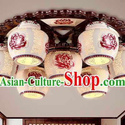 Traditional Chinese Painting Red Peony Ceiling Palace Lanterns Handmade Seven-Lights Porcelain Lantern Ancient Lamp