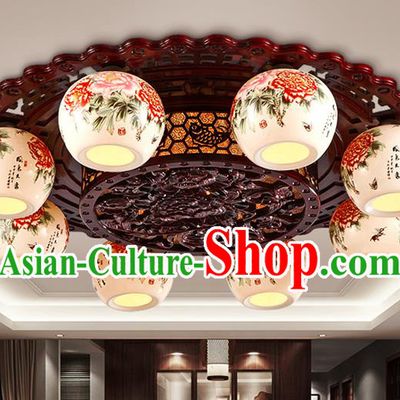 Traditional Chinese Painting Red Peony Ceiling Palace Lanterns Handmade Eight-Lights Porcelain Lantern Ancient Lamp