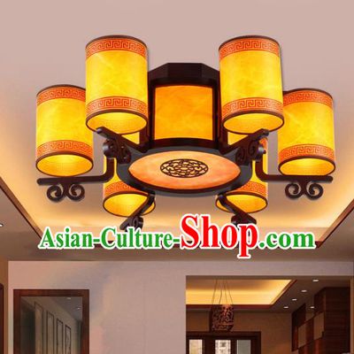 Traditional Chinese Ceiling Palace Lanterns Handmade Six-Lights Wood Hanging Lantern Ancient Lamp