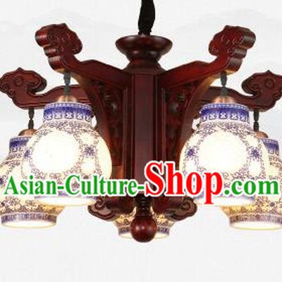 Traditional Chinese Five-Lights Ceiling Wood Palace Lanterns Handmade Porcelain Lantern Ancient Lamp