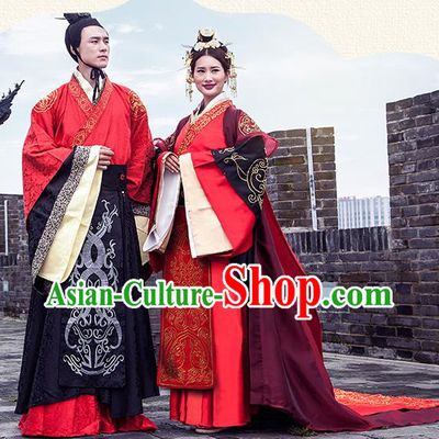 Chinese Ancient Han Dynasty Emperor and Empress Embroidered Wedding Costume Complete Set