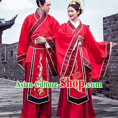 Chinese Ancient Han Dynasty Bride and Bridegroom Embroidered Costumes for Women for Men