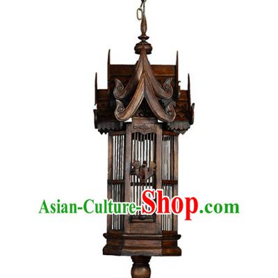 Handmade Traditional Thailand Birdcage Hanging Lantern Asian Wood Ceiling Lanterns Religion Lantern