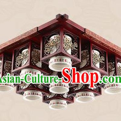 Traditional Chinese Handmade Nine-Lights Lantern Asian Wood Carving Ceiling Lanterns Ancient Lantern