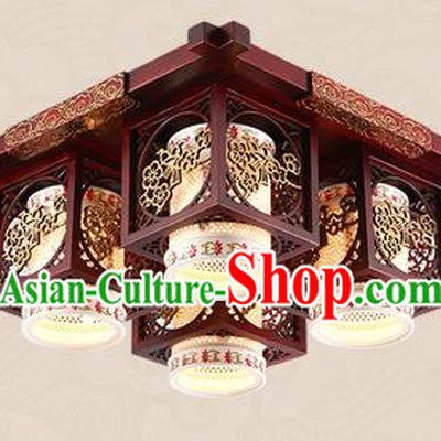 Traditional Chinese Handmade Four-Lights Lantern Asian Wood Carving Ceiling Lanterns Ancient Lantern