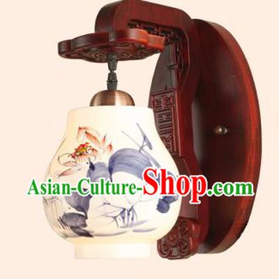 China Handmade Painting Lotus Ceramics Lantern Ancient Wood Wall Lanterns Traditional Lamp