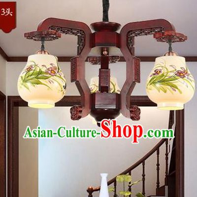 Traditional Chinese Handmade Painting Orchid Lantern Three-Lights Palace Lantern Ancient Ceiling Lanterns