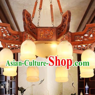 Traditional Chinese Handmade Wood Marble Ceiling Lantern Eight-Lights Palace Lanterns Ancient Lamp
