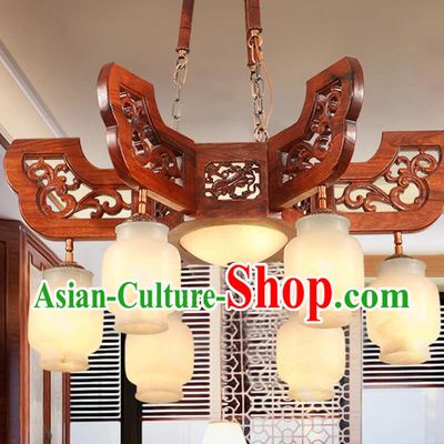 Traditional Chinese Handmade Wood Marble Ceiling Lantern Six-Lights Palace Lanterns Ancient Lamp