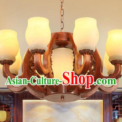 Traditional Chinese Handmade Rosewood Marble Ceiling Lantern Eight-Lights Palace Lanterns Ancient Lamp