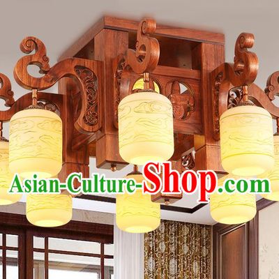Traditional Chinese Handmade Marble Ceiling Lantern Rosewood Eight-Lights Palace Lanterns Ancient Lamp