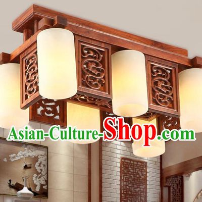 Traditional Chinese Handmade Marble Ceiling Lantern Wood Carving Six-Lights Palace Lanterns Ancient Lamp