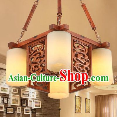 Traditional Chinese Handmade Marble Ceiling Lantern Wood Carving Four-Lights Palace Lanterns Ancient Lamp
