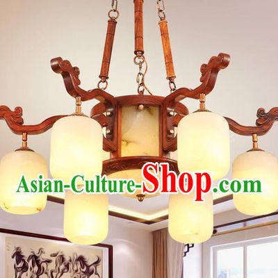 Traditional Chinese Handmade Marble Ceiling Lantern Wood Six-Pieces Palace Lanterns Ancient Lamp