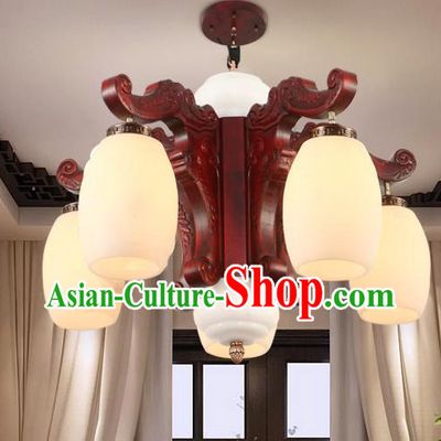 Traditional Chinese Handmade Marble Ceiling Lantern Five-Pieces Palace Lanterns Ancient Wood Lamp