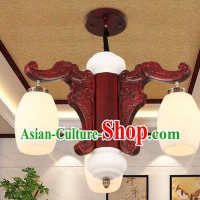 Traditional Chinese Handmade Marble Ceiling Lantern Three-Pieces Palace Lanterns Ancient Wood Lamp