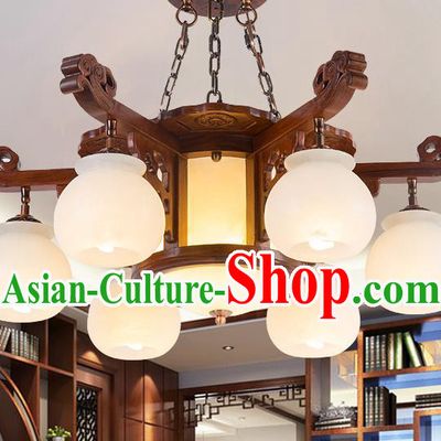 Traditional Chinese Handmade Marble Ceiling Lantern Wood Six-Pieces Palace Lanterns Ancient Lamp