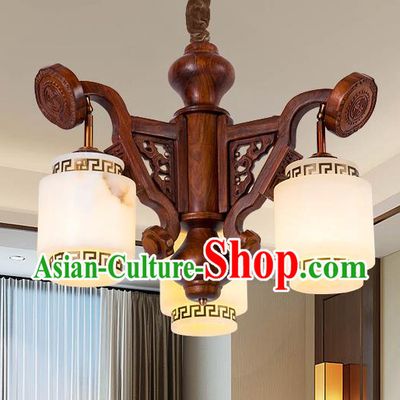 Traditional Chinese Handmade Palace Marble Ceiling Lantern Wood Three-Pieces Lanterns Ancient Lamp