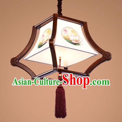 Traditional Chinese Handmade Palace Lantern Wood Hanging Lanterns Ancient Painting Lotus Lamp