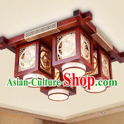 Traditional Chinese Handmade Palace Lantern Wood Carving Plum Blossom Four-Lights Ceiling Lanterns Ancient Lamp
