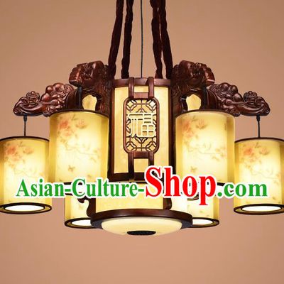 Traditional Chinese Wood Palace Lantern Handmade Six-Lights Hanging Ceiling Lanterns Ancient Lamp