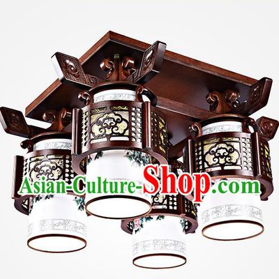 Traditional Chinese Painted Four-Lights Palace Lantern Handmade Wood Ceiling Lanterns Ancient Lamp