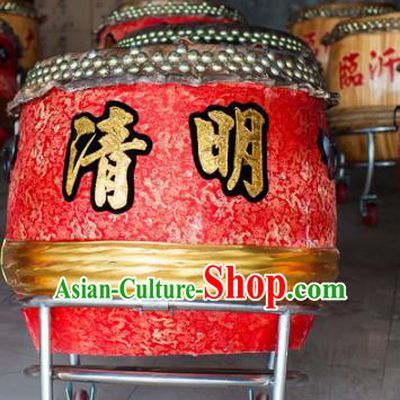 China Traditional Lion Dance Instruments Red Cowhide Drum Wood Lion Drums